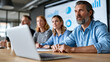© Nataliya - Team engaged in a strategic planning session with a large screen displaying charts, corporate analytics presentation, with copy space