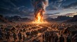 © AlfaSmart - Large group of ancient people including man, woman and child walking toward a giant fire column in the desert. Biblical scene of a divine manifestation. Religious pilgrimage concept.