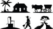 © MstAsmaAkter - Set of rural village life silhouettes icons including farmer ox cart house palm tree and water well with silhouette agriculture countryside landscape lifestyle traditional collection