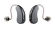 © Ioana - Isolated modern dark gray digital hearing aids with clear tubes and earpieces, studio shot