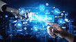 © InfiniteFlow - A visual representation of blockchain technology in action with a robotic hand and human hand interacting, showcasing digital icons of security, network, and innovation. Tessel