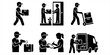 © Arman - Set of black silhouette icons depicting logistics, supply chain, warehouse workers, delivery service, and global transportation. Delivery service icons set featuring courier workers shipping packages