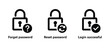 © Binoy Vectors - Security Icons Set. A clean graphic representation displays three distinct lock icons symbolizing password management: forget password with a question mark, reset password with refresh arrows.