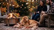 © tangmo.pa - Cozy autumn evening with a couple and their golden retriever dog by a backyard fire pit