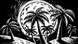 © Kalo - Tropical moonlit night, palm trees, black and white illustration, vector artwork, nighttime landscape