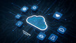 © Anim - Cloud computing concept with a glowing central cloud connected business symbols, and digital circuit board lines on dark blue background