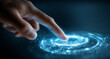 © Adeeba - hands touching futuristic technology on a blue background with a digital touch screen and finger buttons for business, education