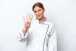© luismolinero - Young chef woman isolated on white background happy and counting four with fingers