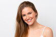 © luismolinero - Young caucasian woman isolated on white background with happy expression. Close up portrait