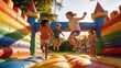 © Curioso.Photography - Happy children running and playing inside a colorful inflatable bounce house on a sunny summer day.