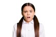 © deagreez - Photo of cute pretty little lady in front of blackboard open mouth dissatisfied expression grimace teacher tell crazy information wear uniform white shirt isolated green color background