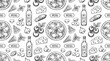 © Rawzatun - Hand drawn pizza ingredients pattern with oil bottles and menu labels in black and white vector illustration