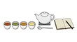 © Anat art - Setup shows multiple cups of tea next to a teapot and a notebook for recording tasting notes during a tea brewing session