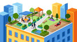 © abeng - Urban Rooftop Oasis: People Relaxing, Yoga, and Socializing Amidst Cityscape