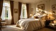 © miss irine - Elegant bedroom with plush bedding, ornate furniture. Large windows let in natural light, illuminating serene space with warm sunlight. Classic interior design creates calm, inviting atmosphere for