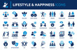 © Icons-Studio - Lifestyle and Happiness Icon set, containing wellness, friendship, family, dance, fitness, relaxation, and more. Solid vector icon collection.