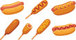 © MEHERUL - American fast food collection featuring traditional hot dogs with mustard and ketchup toppings alongside crispy fried corn dogs, vector