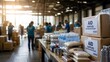 © 3AN - Cardboard boxes of aid supplies for disaster relief in a busy warehouse with volunteers blurry background