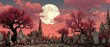 © yuda - Spooky graveyard under huge full moon with glowing pink autumn trees. Perfect for Halloween themes, fantasy art, or spooky story backgrounds.