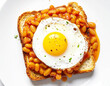 © Bill - Fried egg on baked beans, toasted wheat bread, top view. AI