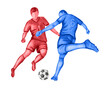 © Elli - Watercolor illustration of two soccer players in red and blue uniforms competing for the ball. Dynamic football match action isolated on white background.Soccer. Sport. Sports competition.