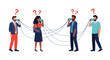 © Edwin - Confused diverse people try to communicate using tin can telephones with highly tangled and messy connecting strings.