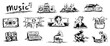 © AdrianGebert - Music production and listening icons set featuring dj equipment and instruments in a hand drawn sketch style