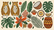 © ADwi - Ein dekoratives Set mit tropischen Elementen, darunter zwei Leoparden, exotische Pflanzen, Monstera-Blätter, Kokosnüsse und ethnische Muster in einem flachen, illustrativen Stil.