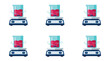 © gumel - Set of flat icons showing a laboratory beaker with red liquid on a magnetic stirrer, swirling motion, scientific experiment setup