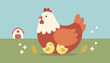 © Noah - Caring mother hen protecting two cute little yellow chicks on a green grass field with a classic red farm barn in the background.