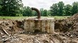 © siam - Old concrete cistern structure with a rusted pipe in a rural field