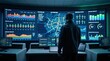 © Chroma Creative - Operator monitoring city power grid status on large control room screens, smart energy management system, renewable output analysis
