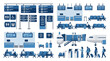 © Arie - Airport Terminal Infrastructure Icons and Passenger Elements Set in Blue Flat Vector Style