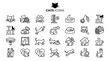 © Tymofii - Cats icons set features feline pet accessories, toys, and activities. This collection includes playful silhouettes, bowls, scratching posts, and houses for animal care and veterinary concepts.