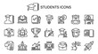 © Tymofii - Students icons collection of outline school and academic study symbols featuring graduation caps, books, backpacks, and classroom tools for educational design and learning themes.
