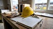 © Rozaq - Construction Site Office Desk with Hard Hat, Clipboard and Plans
