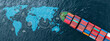 © Kalyakan - Aerial view container cargo ship with world map network, Container cargo ship in import export logistic freight shipping, Business logistics transportation international by container cargo ship.