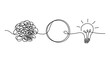 © Dipa Roy - Continuous one line drawing showing a tangled messy scribble turning into a clear circle and then a bright light bulb idea symbol for creative thinking