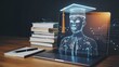 © HAMEEDA - Artificial intelligence online education concept, digital human avatar with graduation cap on laptop screen, futuristic e-learning technology