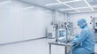 © ShortFilmStock - Technician in blue protective suit working with microscope in pharmaceutical laboratory, biotechnology research, medical science innovation and drug development concept background.