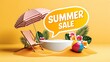 © Urme - Summer Sale promotional banner. Summertime commercial background with hand lettering, summer sun and palm trees for business, seasonal shopping, promotion and sale advertising. Vector illustration.