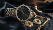© Nurul - Luxury timepiece and jewelry sit on dark, silky fabric. Watch features gems and gold accents. Earrings and chain included