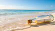 © achmad - Message in glass bottle with cork lying on tropical sandy beach by turquoise sea