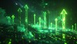 © Moyu - 回路基板の街から上昇する緑の矢印 データ成長やIT発展を表す未来的テクノロジー背景
