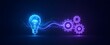© Kufis Studio - Glowing blue light bulb connected to purple mechanical gears visualizing artificial intelligence and smart technology innovation