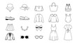 © Kulsum - Minimalist women fashion and clothing line icon set featuring dresses hats bags shoes and wardrobe accessories vector