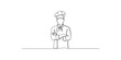 © Sujata - Continuous line drawing of a professional chef wearing a hat and uniform standing with arms crossed