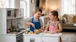 © Ozi - Two happy young children playing together with a toy kitchen set, laughing and having fun while pretending to cook in a bright home.