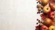© hobonski - Left side border composition filled with ripe red apples, pears, walnuts, and dark berries on a clean white background with ample empty space for custom text.
