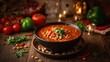 © VolumeThings - Bowl of Harira soup on wooden table. Classic Moroccan tomato soup with chickpeas and lentils. Ramadan theme.